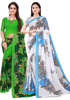 White Embroidered Georgette Saree Set (Set Of 2)