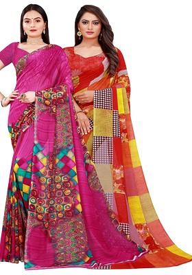 Magenta Embroidered Georgette Saree Set