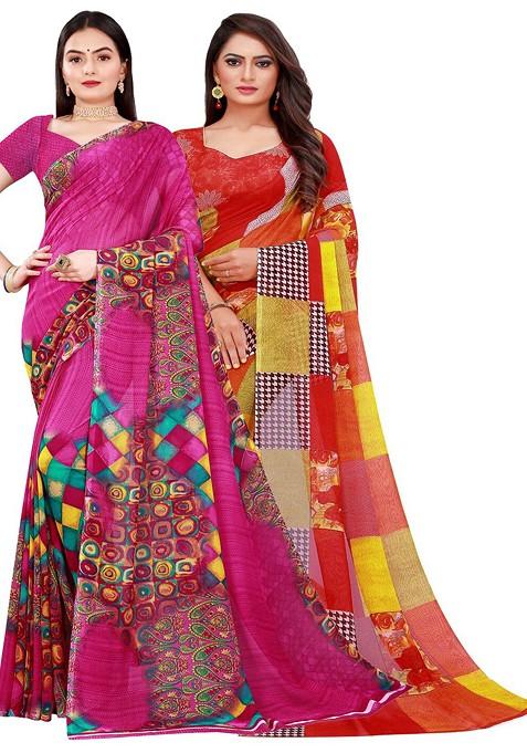 Magenta Embroidered Georgette Saree Set