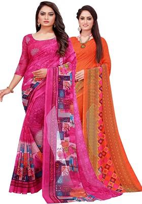 Orange Printed Georgette Saree Set (Set Of 2)