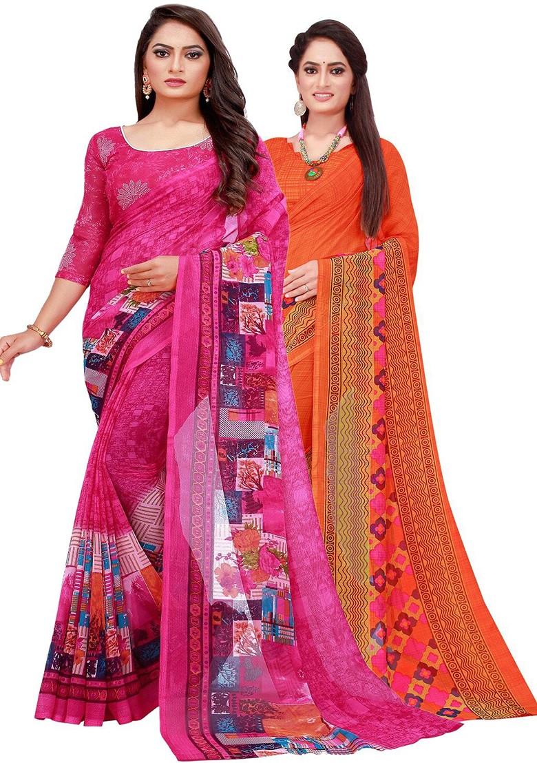 Orange Printed Georgette Saree Set (Set Of 2)
