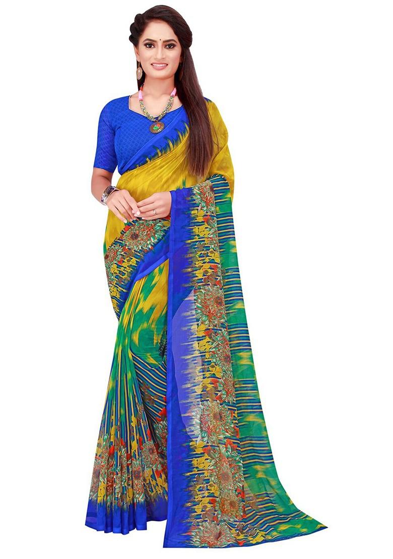 Yellow Printed Georgette Saree Set (Set Of 2)
