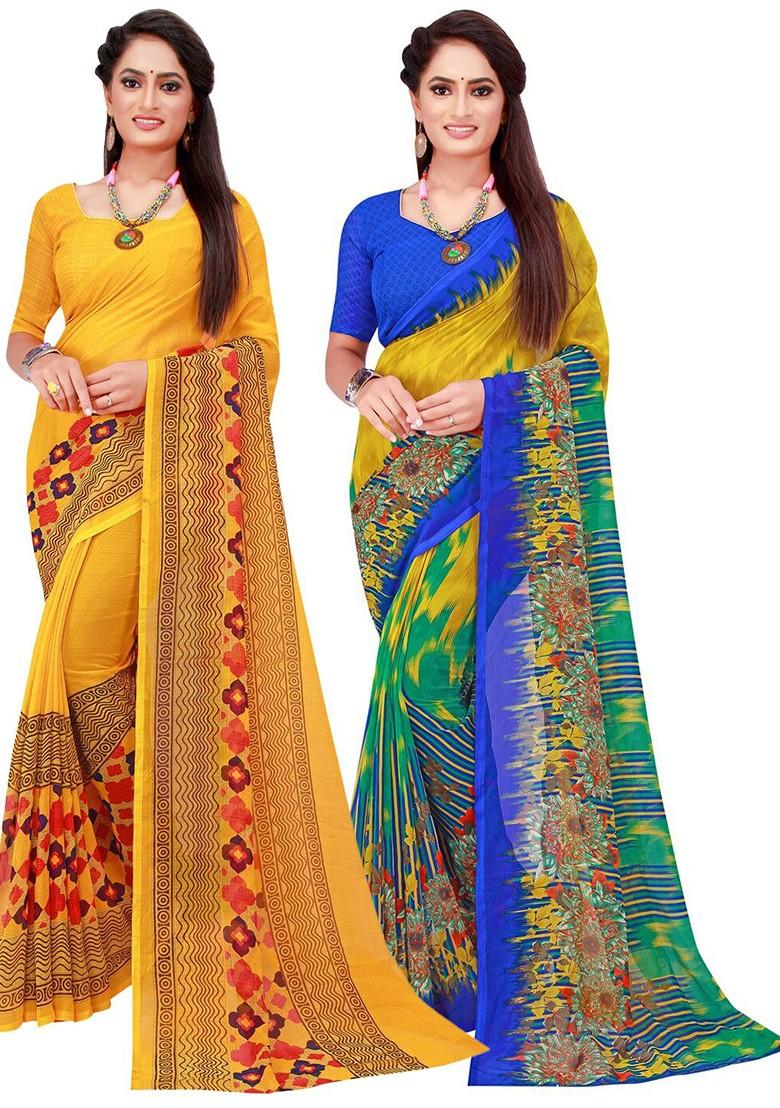Yellow Printed Georgette Saree Set (Set Of 2)