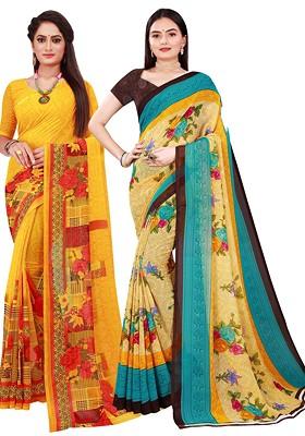 Beige Embroidered Georgette Saree Set (Set Of 2)