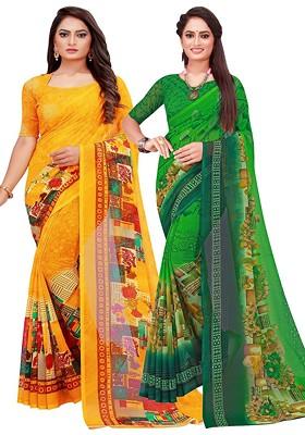 Green Floral Georgette Saree Set (Set Of 2)