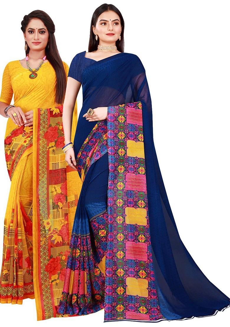 Yellow Embroidered Georgette Saree Set