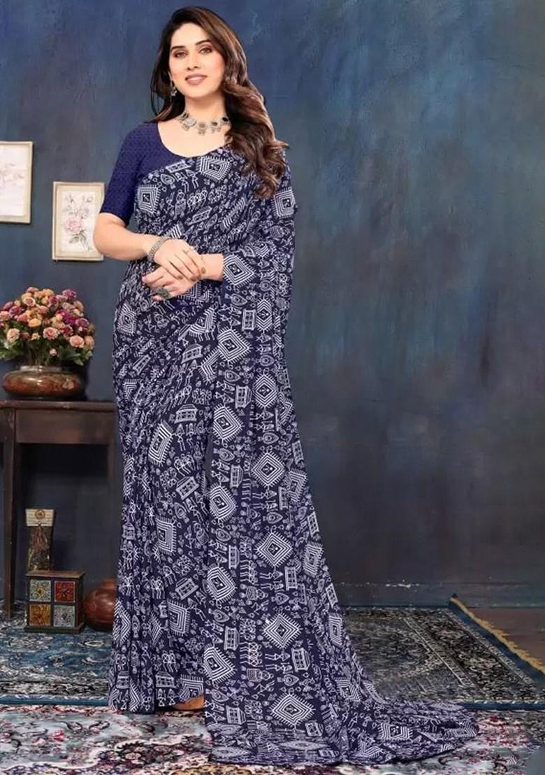 Navy Blue Embroidered Georgette Saree Set