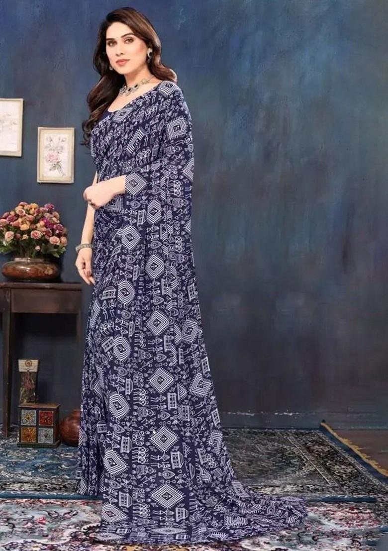 Navy Blue Embroidered Georgette Saree Set