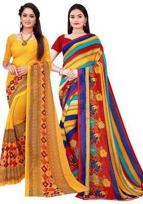 Multi Floral Georgette Saree Set (Set Of 2)