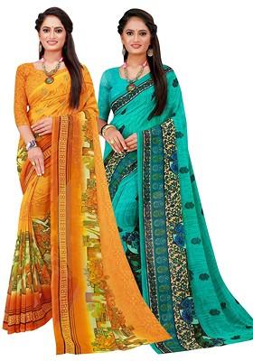 Yellow Embroidered Georgette Saree Set