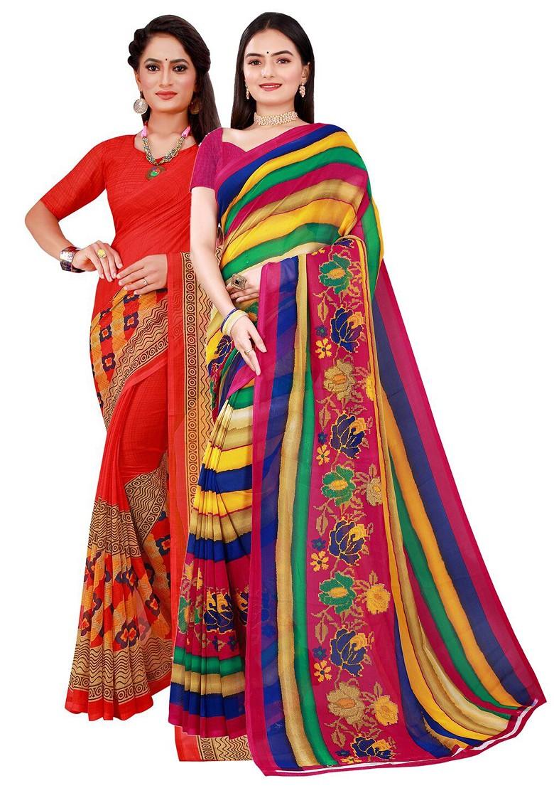 Red Embroidered Georgette Saree Set (Set Of 2)