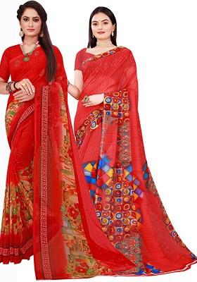 Red Embroidered Georgette Saree Set (Set Of 2)