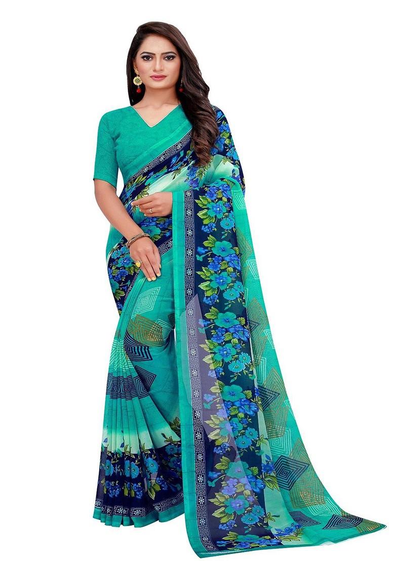 Turquoise Blue Floral Georgette Saree Set (Set Of 2)