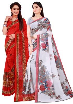 Red Floral Georgette Saree Set (Set Of 2)