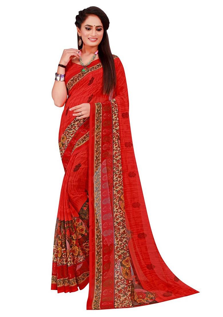 Red Floral Georgette Saree Set (Set Of 2)