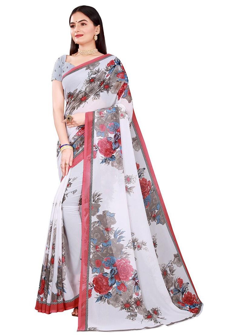 Red Floral Georgette Saree Set (Set Of 2)