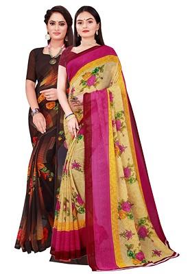 Beige Floral Georgette Saree Set (Set Of 2)