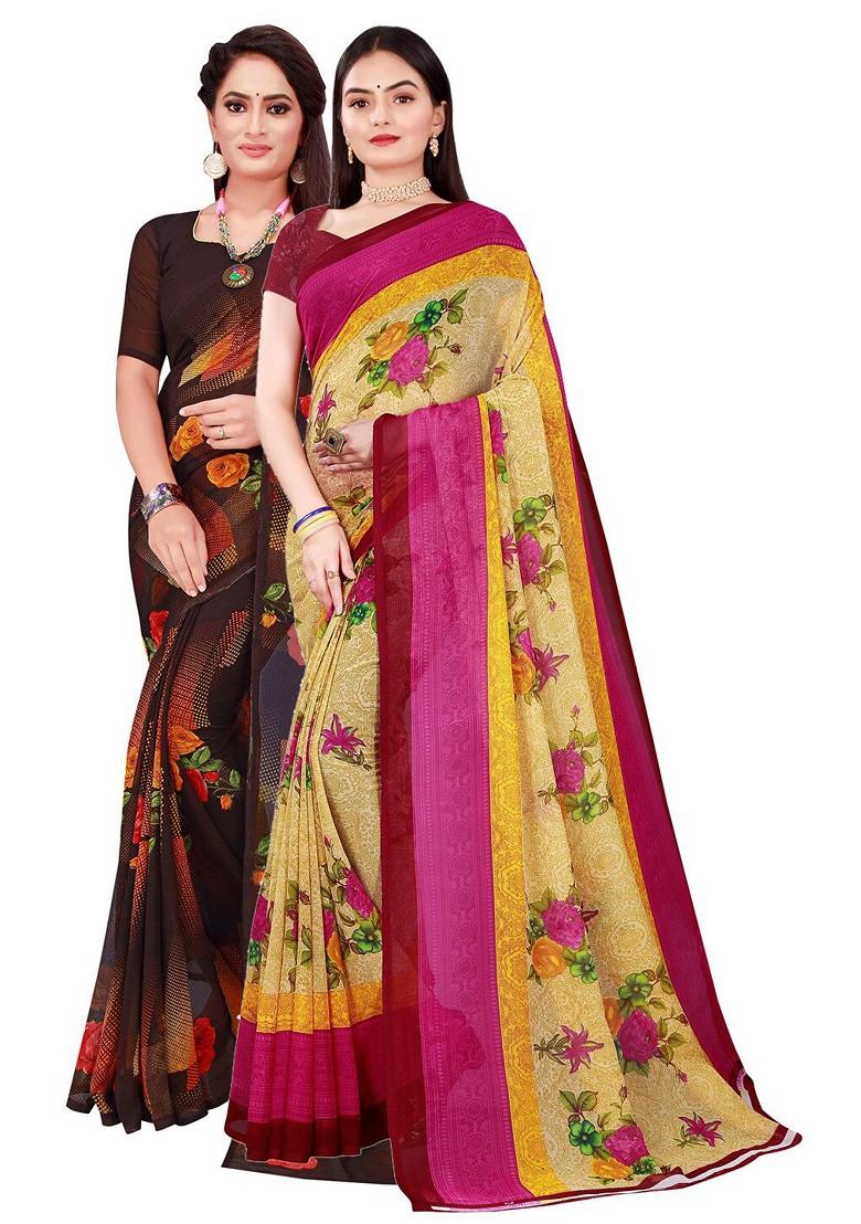 Beige Floral Georgette Saree Set (Set Of 2)