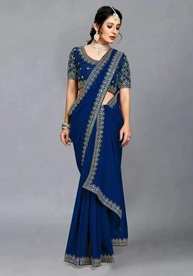 Navy Blue Embroidered Poly Blend Saree Set