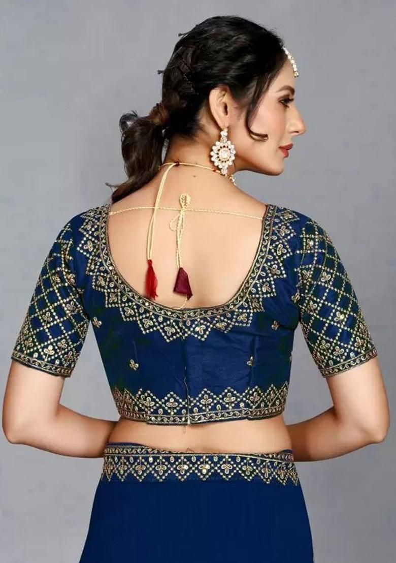 Navy Blue Embroidered Poly Blend Saree Set