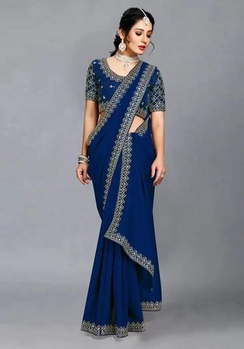 Navy Blue Embroidered Poly Blend Saree Set