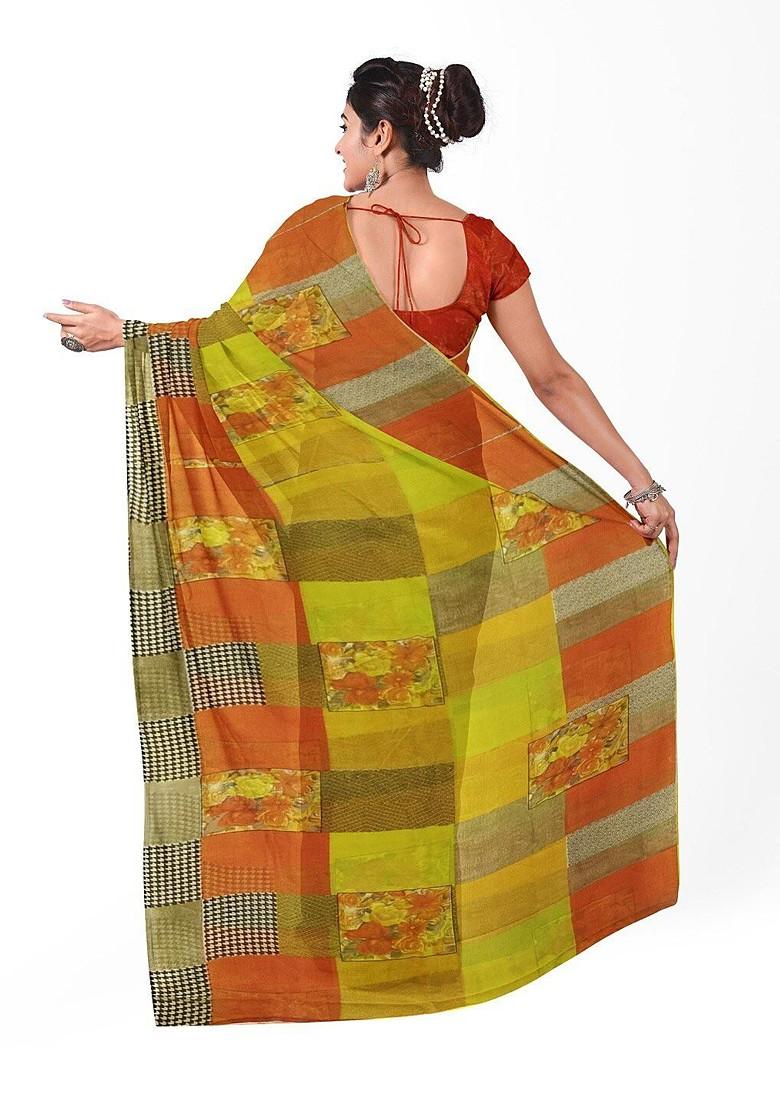 Yellow Printed Georgette Saree Set