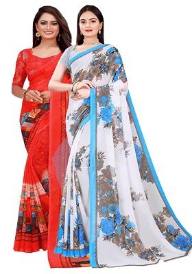 White Floral Georgette Saree Set (Set Of 2)