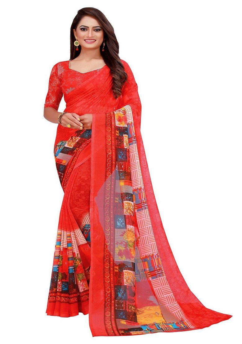 White Floral Georgette Saree Set (Set Of 2)