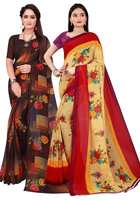 Beige Printed Georgette Saree Set (Set Of 2)