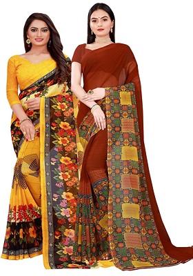 Yellow Embroidered Georgette Saree Set (Set Of 2)