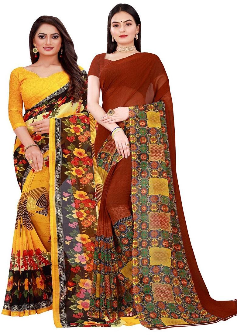 Yellow Embroidered Georgette Saree Set (Set Of 2)
