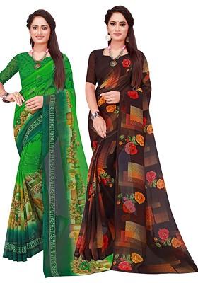Green Floral Georgette Saree Set (Set Of 2)
