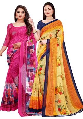 Beige Floral Georgette Saree Set (Set Of 2)