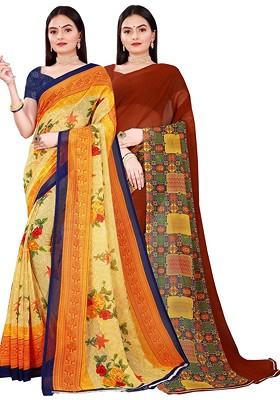 Beige Floral Georgette Saree Set (Set Of 2)