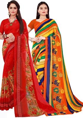 Yellow Embroidered Georgette Saree Set (Set Of 2)