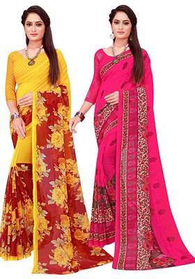 Magenta Printed Georgette Saree Set