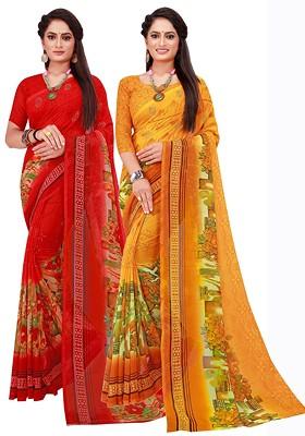 Red Embroidered Georgette Saree Set (Set Of 2)