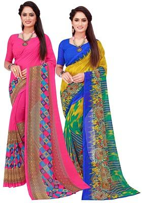 Magenta Embroidered Georgette Saree Set (Set Of 2)