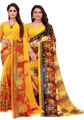 Yellow Embroidered Georgette Saree Set (Set Of 2)