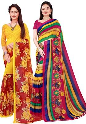 Pink Embroidered Georgette Saree Set (Set Of 2)