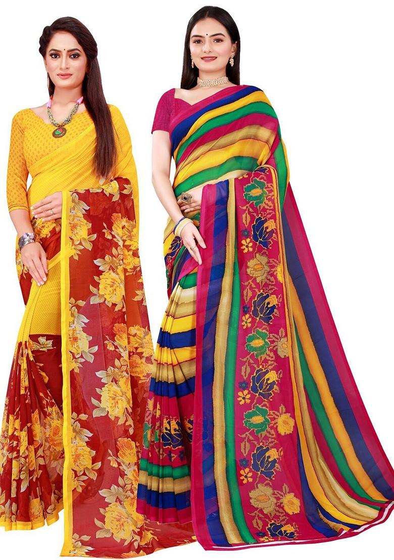 Pink Embroidered Georgette Saree Set (Set Of 2)