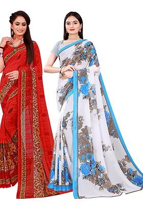 Red Embroidered Georgette Saree Set (Set Of 2)