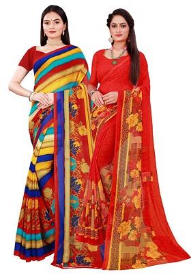 Red Floral Georgette Saree Set (Set Of 2)