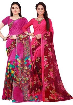 Magenta Floral Georgette Saree Set (Set Of 2)