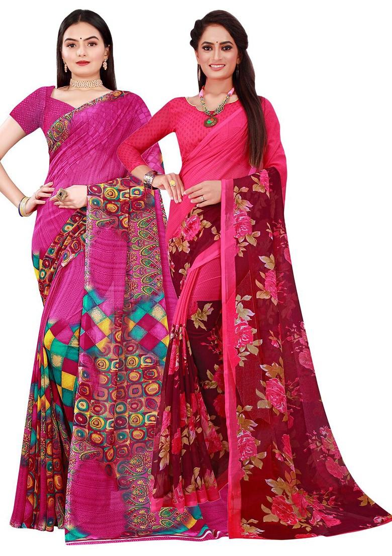 Magenta Floral Georgette Saree Set (Set Of 2)