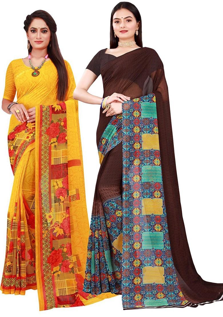 Yellow Embroidered Georgette Saree Set