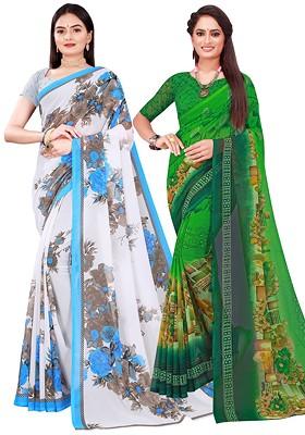 Green Floral Poly Blend Saree Set (Set Of 2)