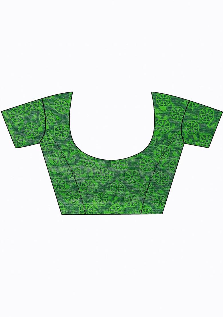 Green Floral Poly Blend Saree Set (Set Of 2)