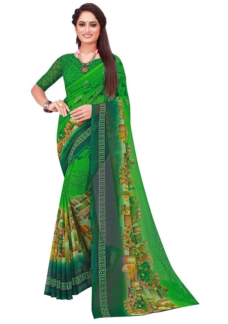 Green Floral Poly Blend Saree Set (Set Of 2)