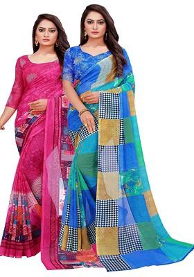 Blue Printed Georgette Saree Set
